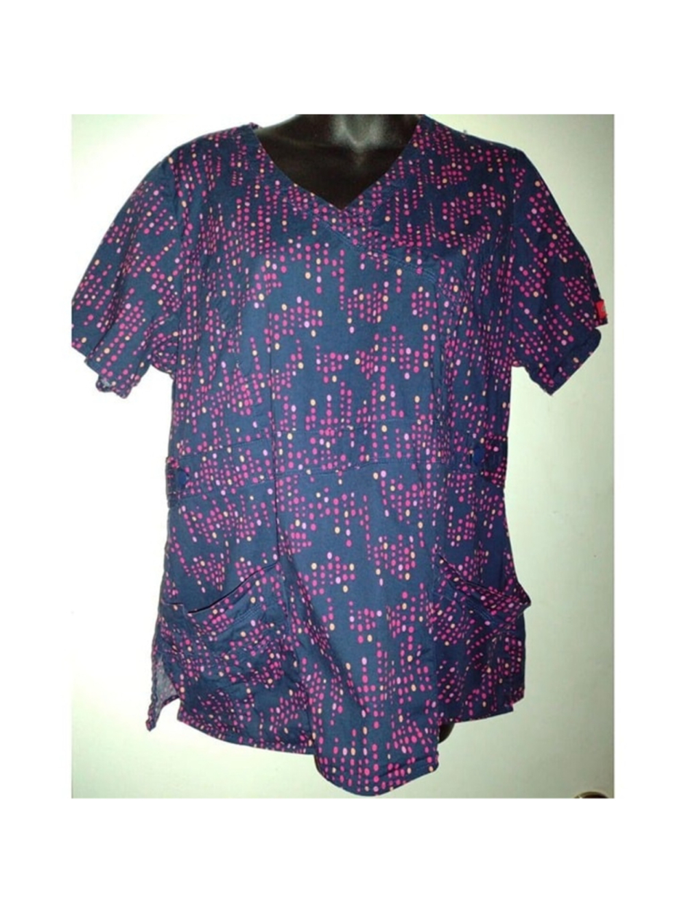 Dickies Unisex Nurse Doc Vet Scrub Top Pockets Size Small Navy with Dots